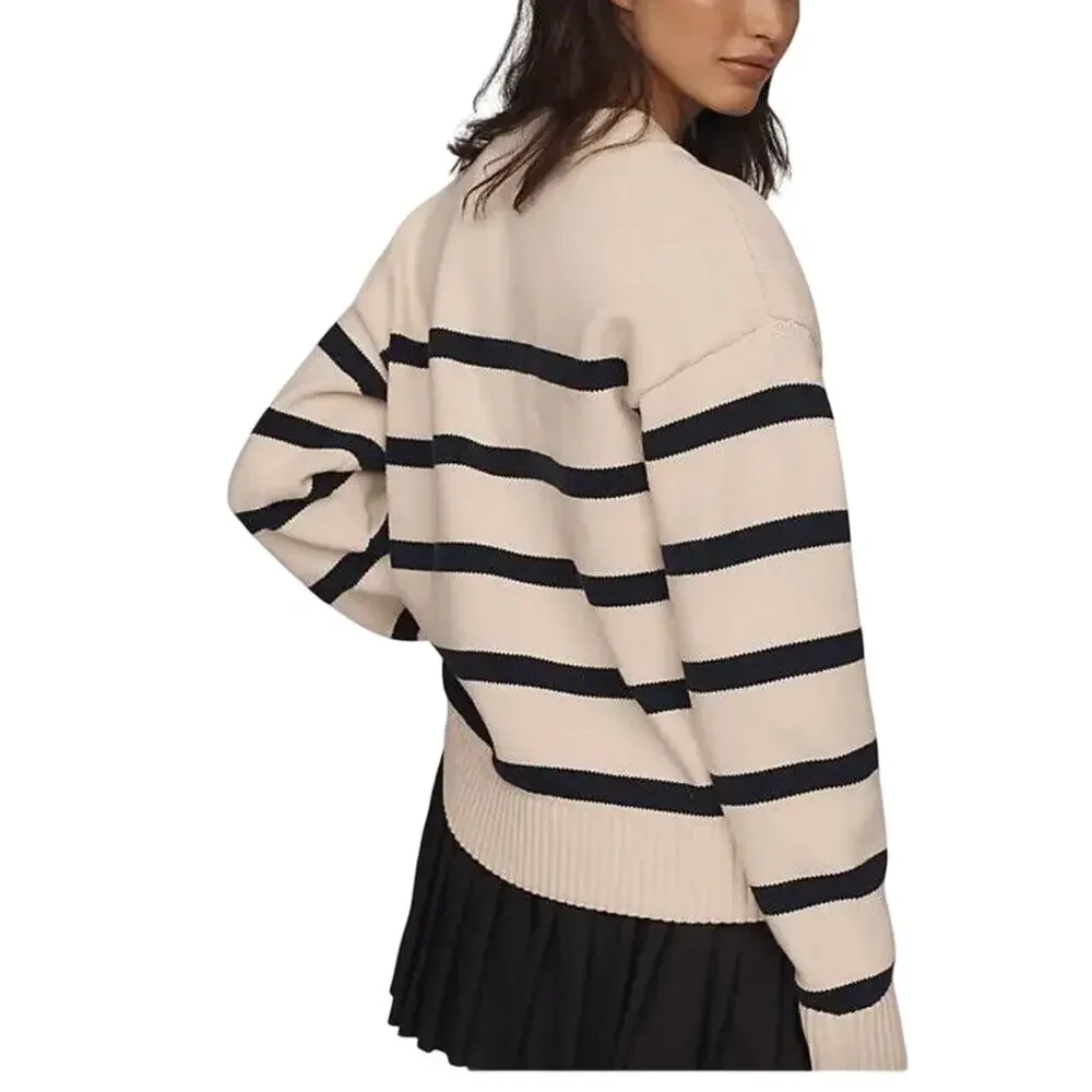 English Factory Striped Sweater Large Navy Cream V Neck Coastal Preppy NWT